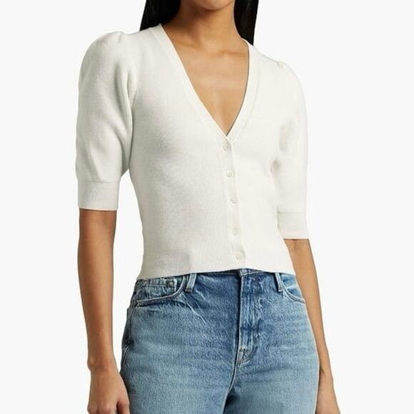 FRAME Sweaters - FLAWED FRAME Cropped White Ribbed Puff Sleeve Knit Cardigan Pullover- Size M